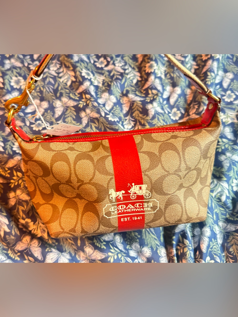 Coach Signature Canvas Shoulder Bag in Beige with Red Trim